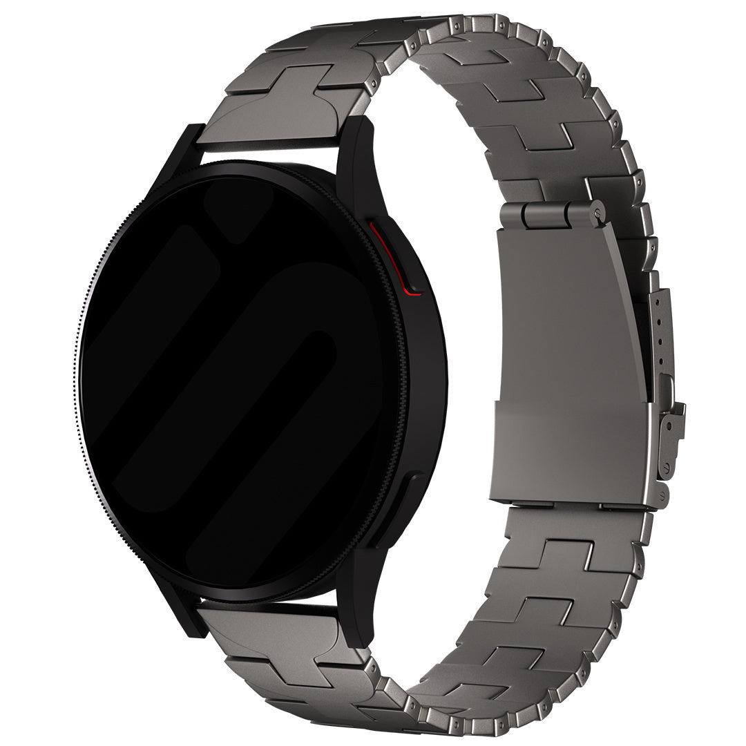 Butterfly Titanium Strap, graphite, on a watch, 3/4 front view