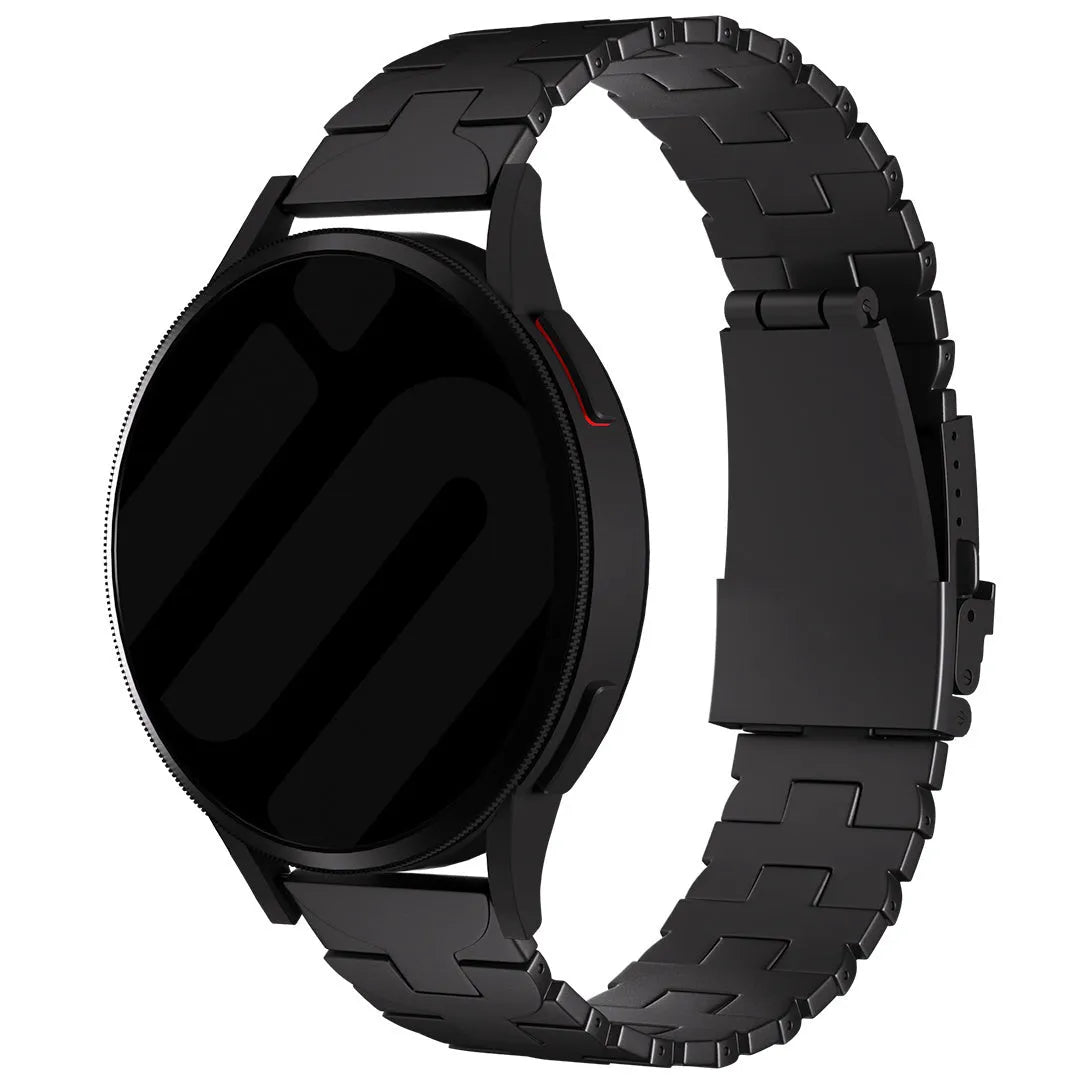Butterfly Titanium Strap, black, on a watch, 3/4 front view