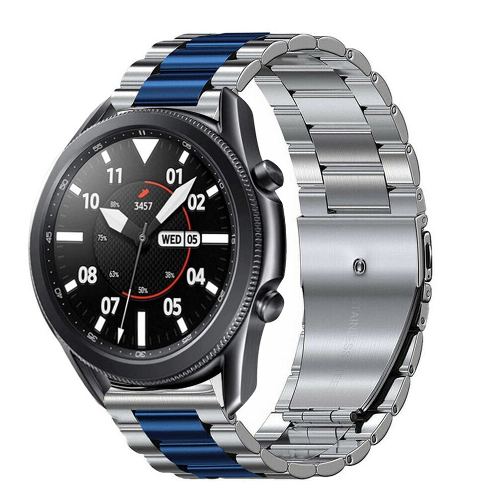 Steel Strap, silver/blue, on a watch, 3/4 front view