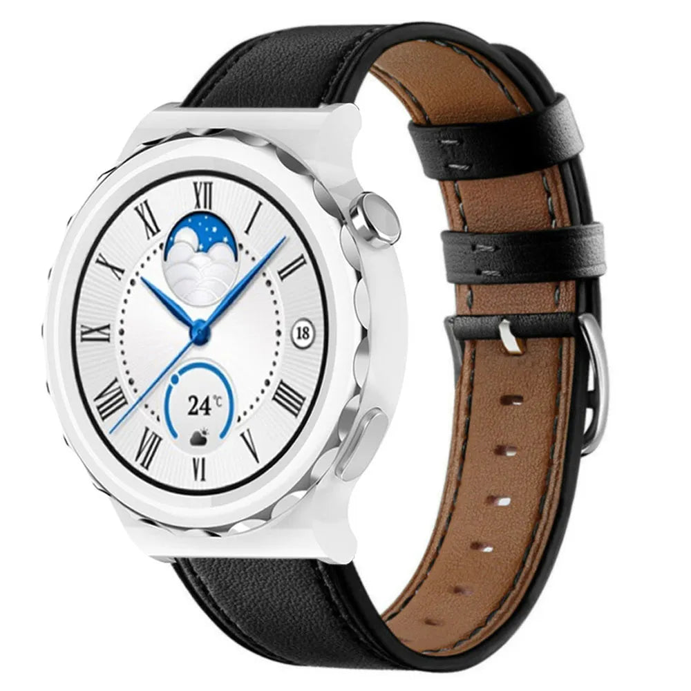 Modern Leather Strap, black, on a watch, 3/4 front view