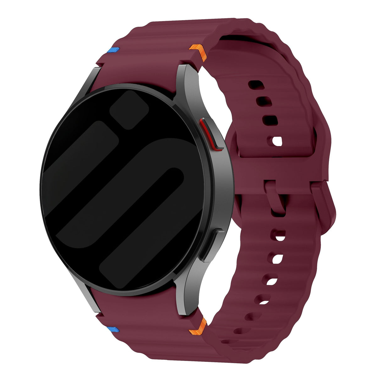 Wave Silicone Strap, wine red, on a watch, 3/4 front view