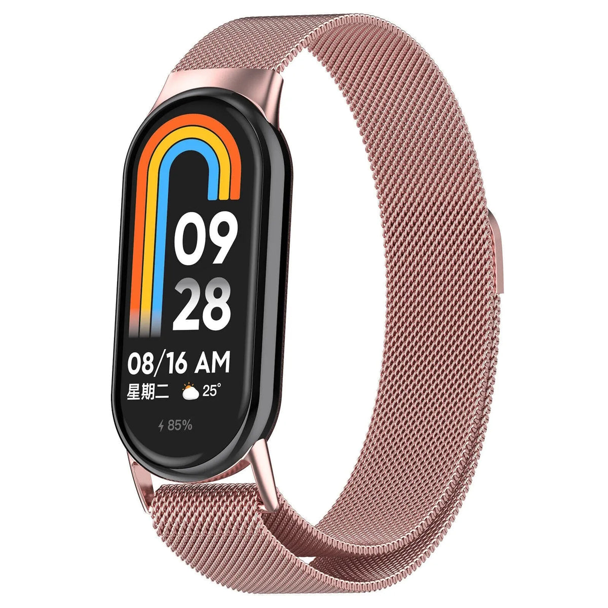 Milanese Strap, pink, on a watch, 3/4 front view