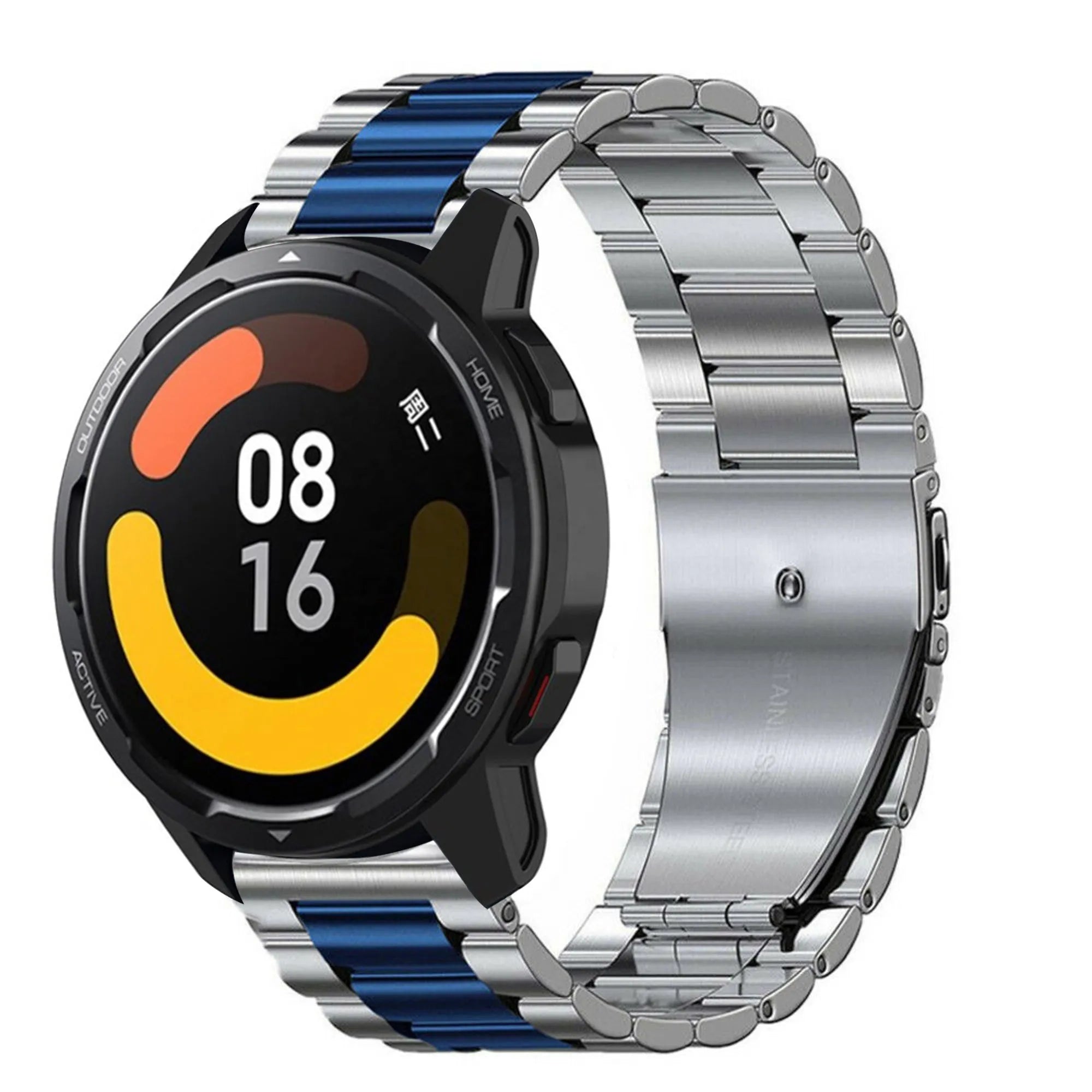 Steel Strap, silver/blue, on a watch, 3/4 front view