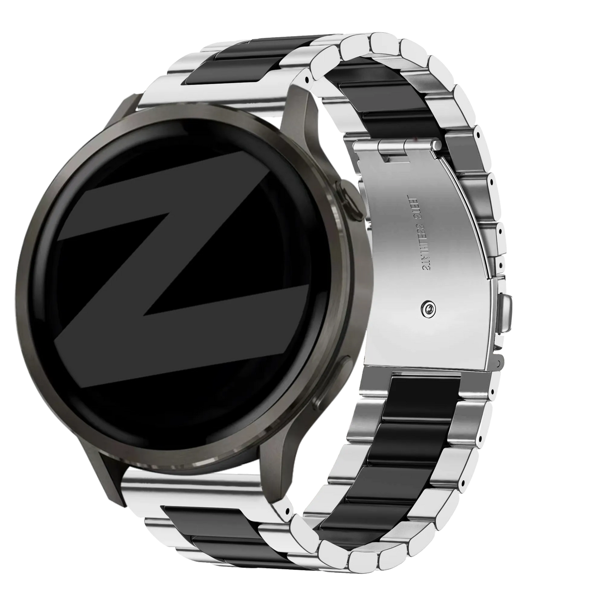 Steel Strap 'Classic', silver/black, on a watch, 3/4 front view