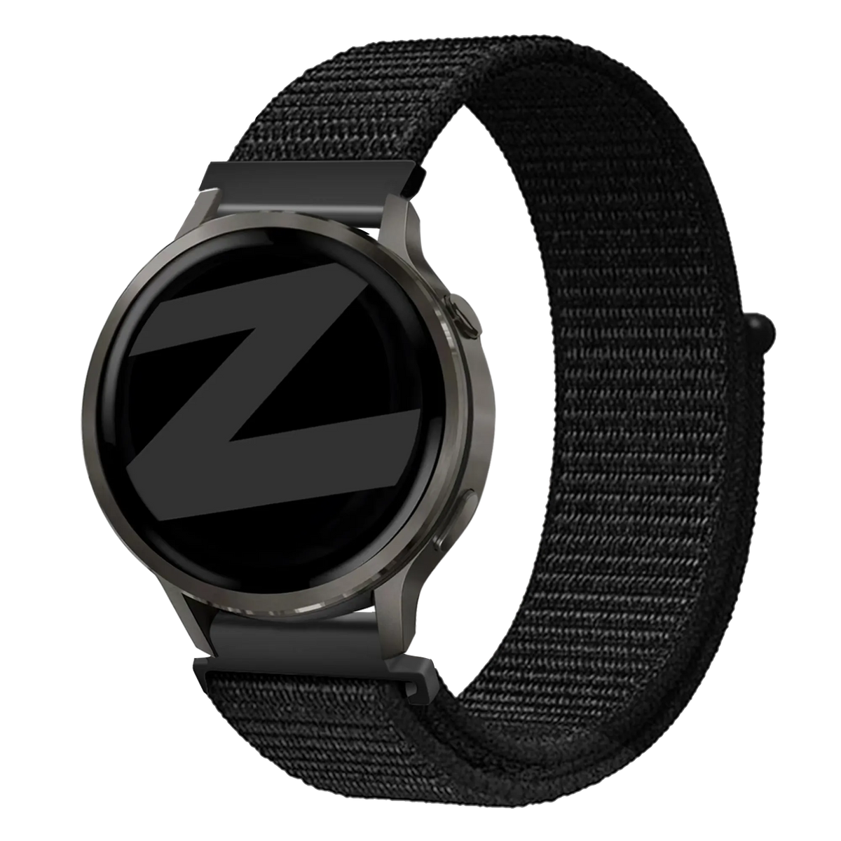Nylon Loop Strap, black, on a watch, 3/4 front view