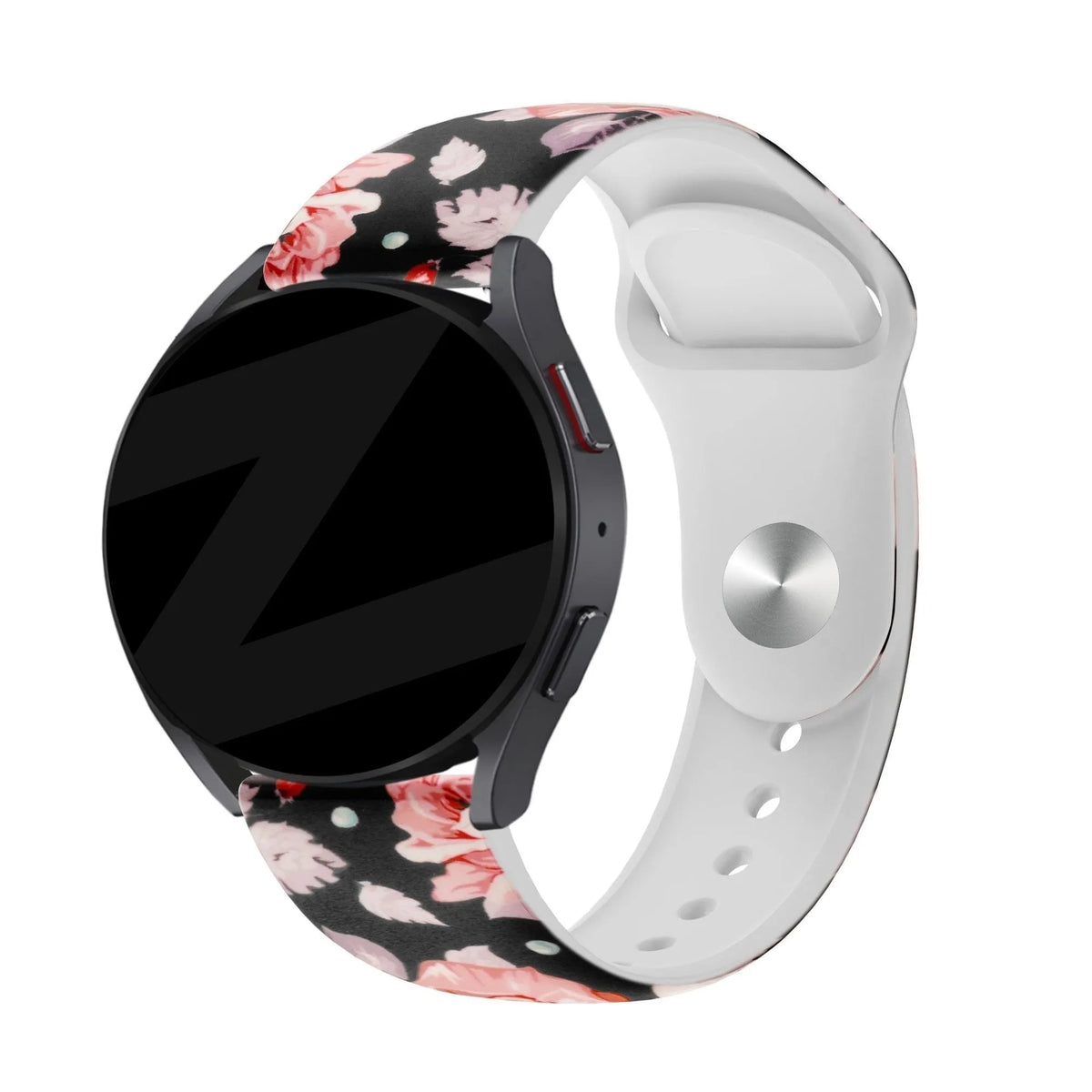 Silicone Patterned Strap, flowers, on a watch, 3/4 rear view