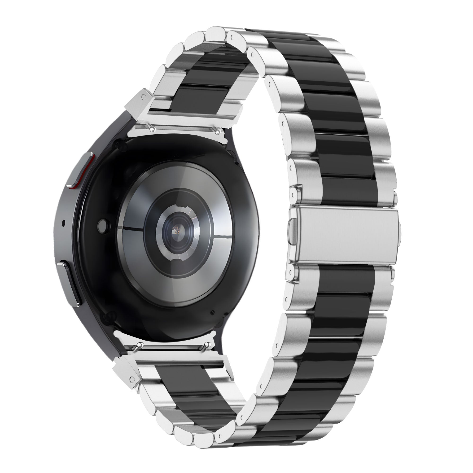 Steel Strap 'Classic', silver/black, on a watch, 3/4 rear view
