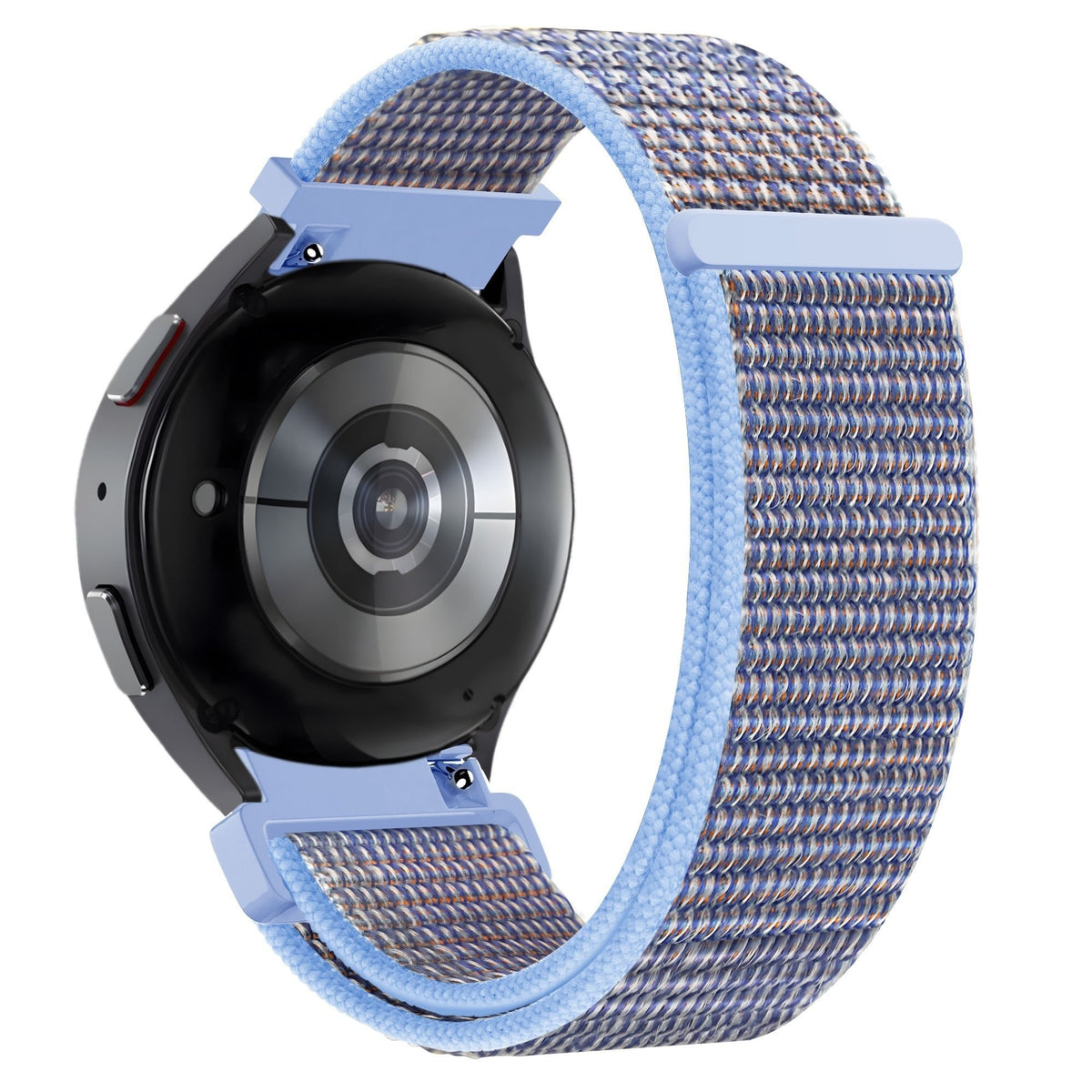 Nylon Loop Strap, azure blue, on a watch, 3/4 rear view