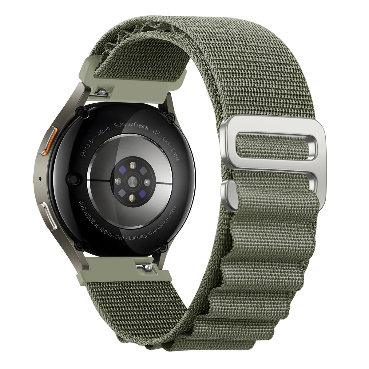 Nylon Alpine Strap, olive, on a watch, 3/4 rear view