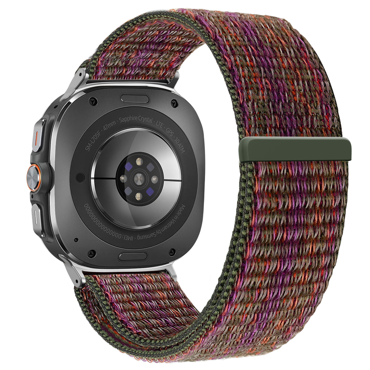 Nylon Loop Strap, green mix, on a watch, 3/4 rear view