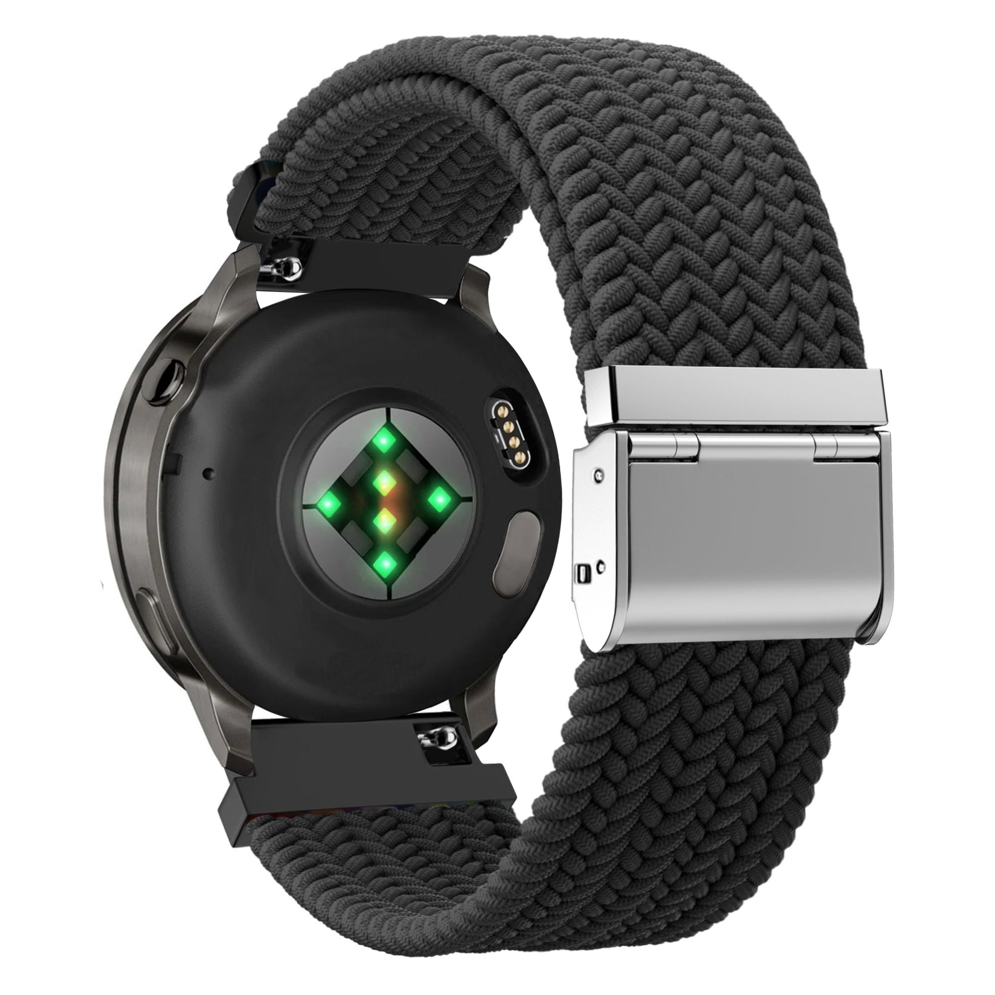 Woven Nylon Strap, black, on a watch, 3/4 rear view