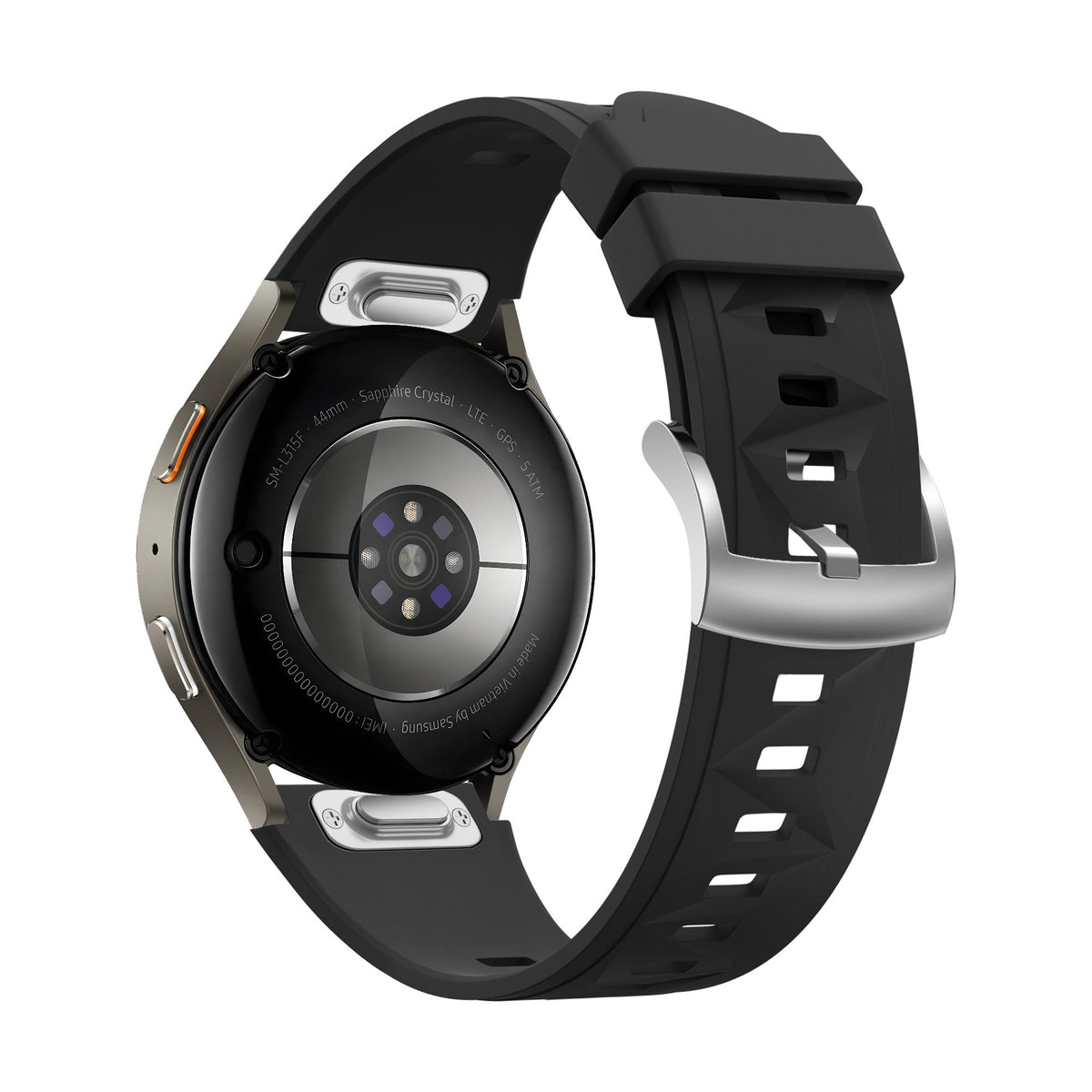 Silicone Strap 'Easy Fit', black, on a watch, 3/4 rear view