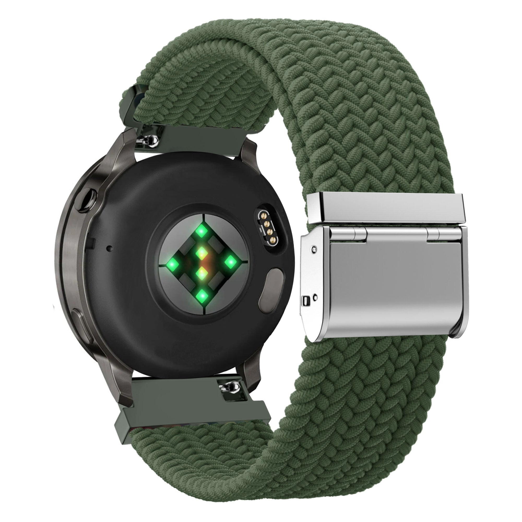Woven Nylon Strap, olive green, on a watch, 3/4 rear view