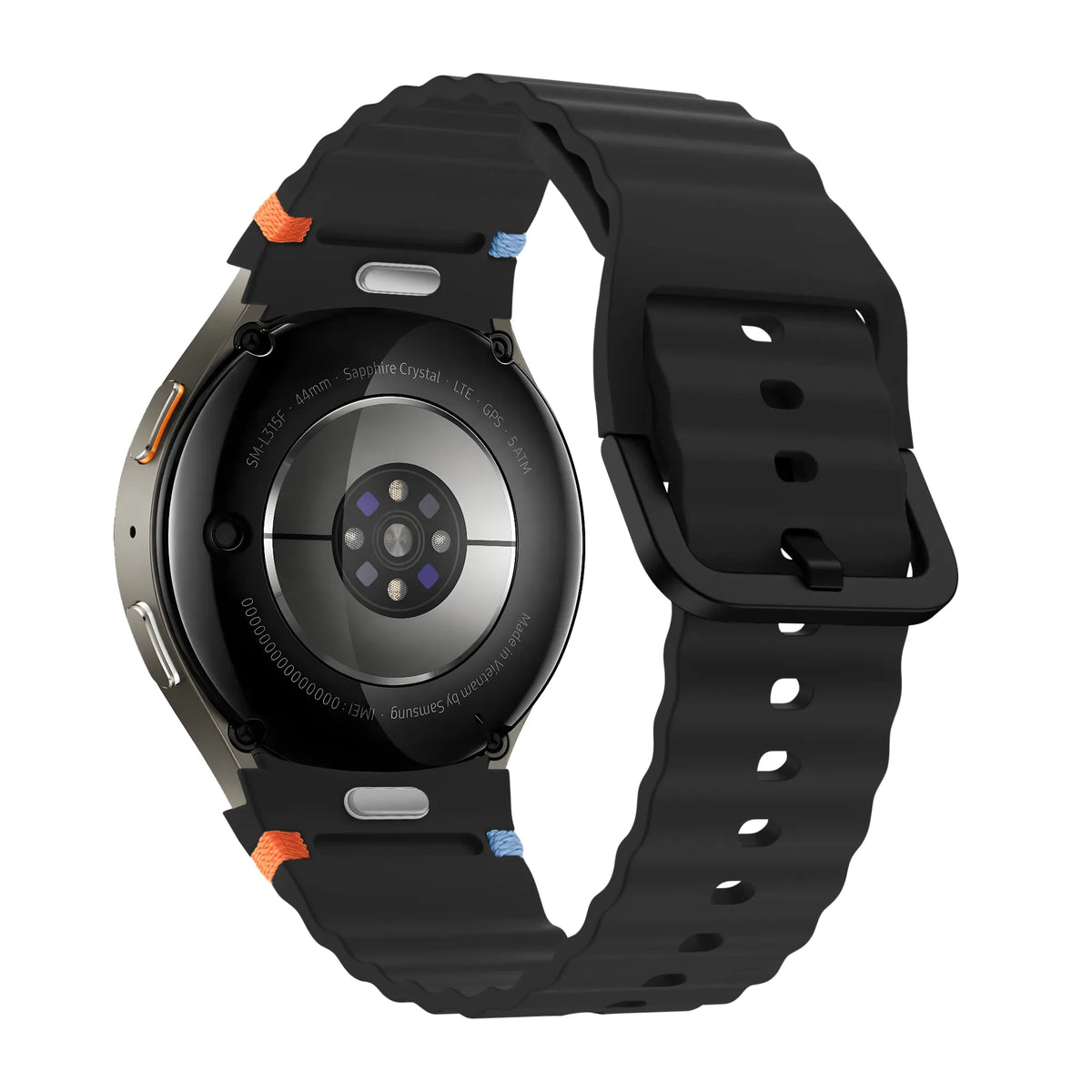 Silicone Wave Strap 'Easy Fit', black, on a watch, 3/4 rear view