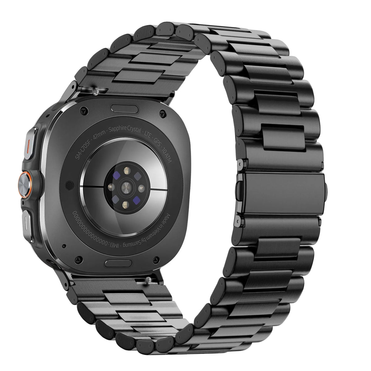 Steel Link Strap 'Deluxe', black, on a watch, 3/4 rear view