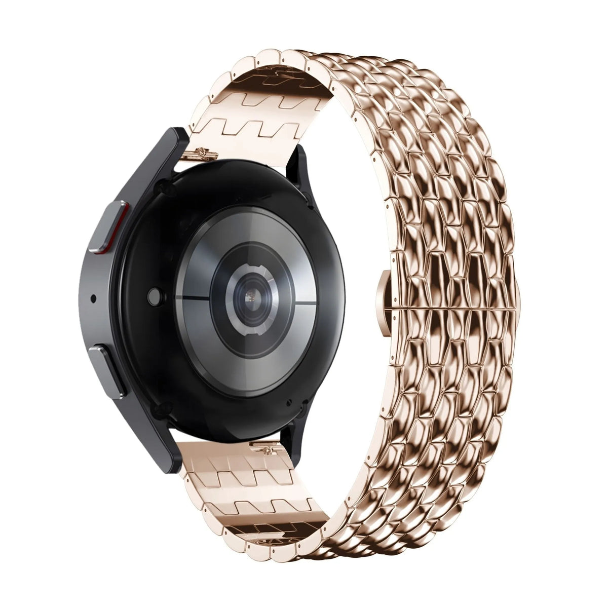 Steel Strap 'Dragon', rose gold, on a watch, 3/4 rear view