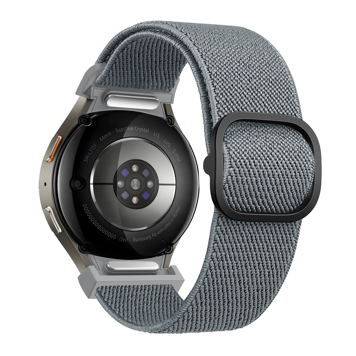 Nylon Elastic Strap 'Easy Fit', grey-blue, on a watch, 3/4 rear view