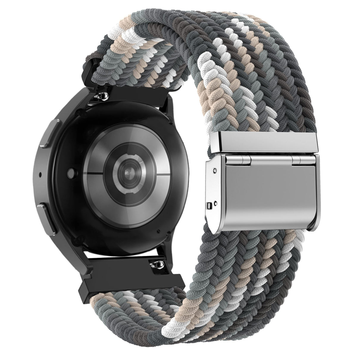 Woven Nylon Strap, slate, on a watch, 3/4 rear view