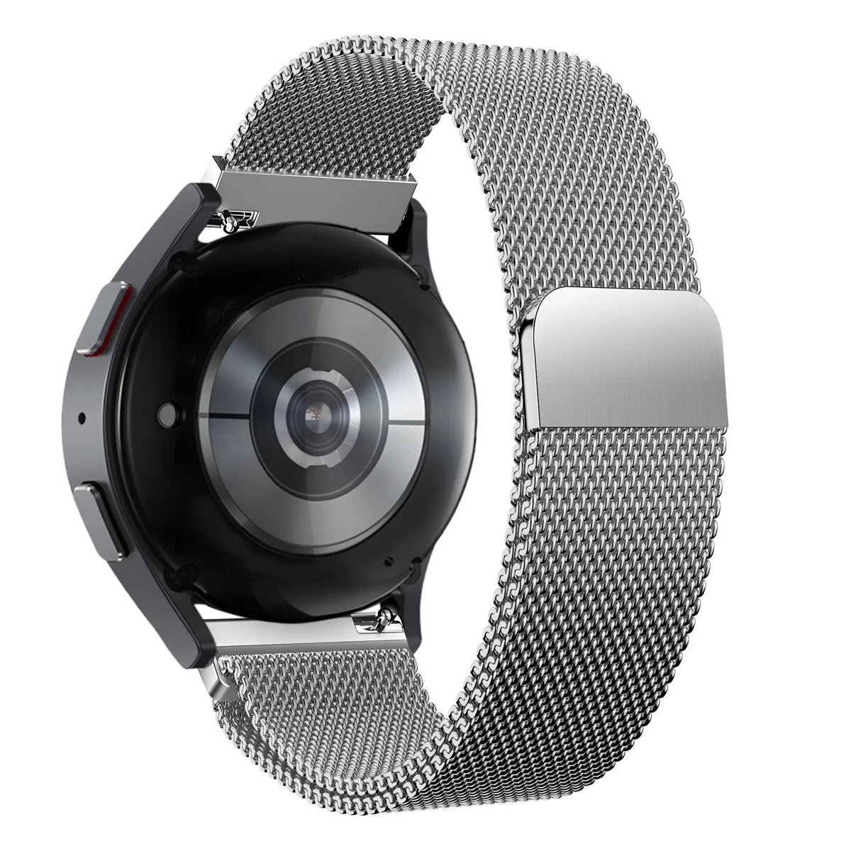 Milanese Loop Strap, silver, on a watch, 3/4 rear view