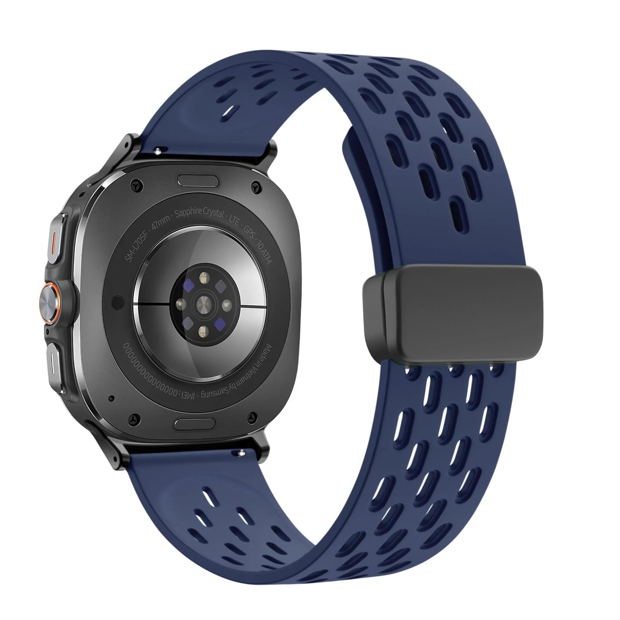 Silicone D-Buckle Sport Strap 'Air', dark blue, on a watch, 3/4 rear view