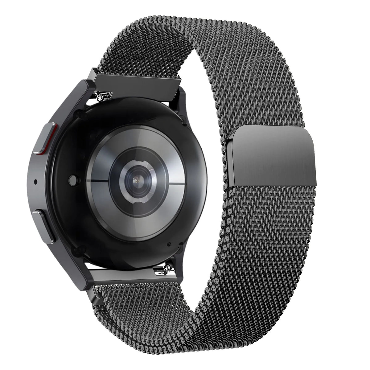 Milanese Loop Strap, silver, on a watch, 3/4 rear view
