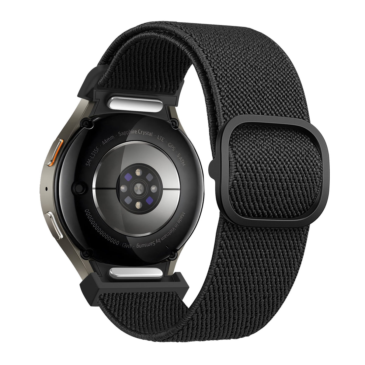 Nylon Elastic Strap 'Easy Fit', black, on a watch, 3/4 rear view