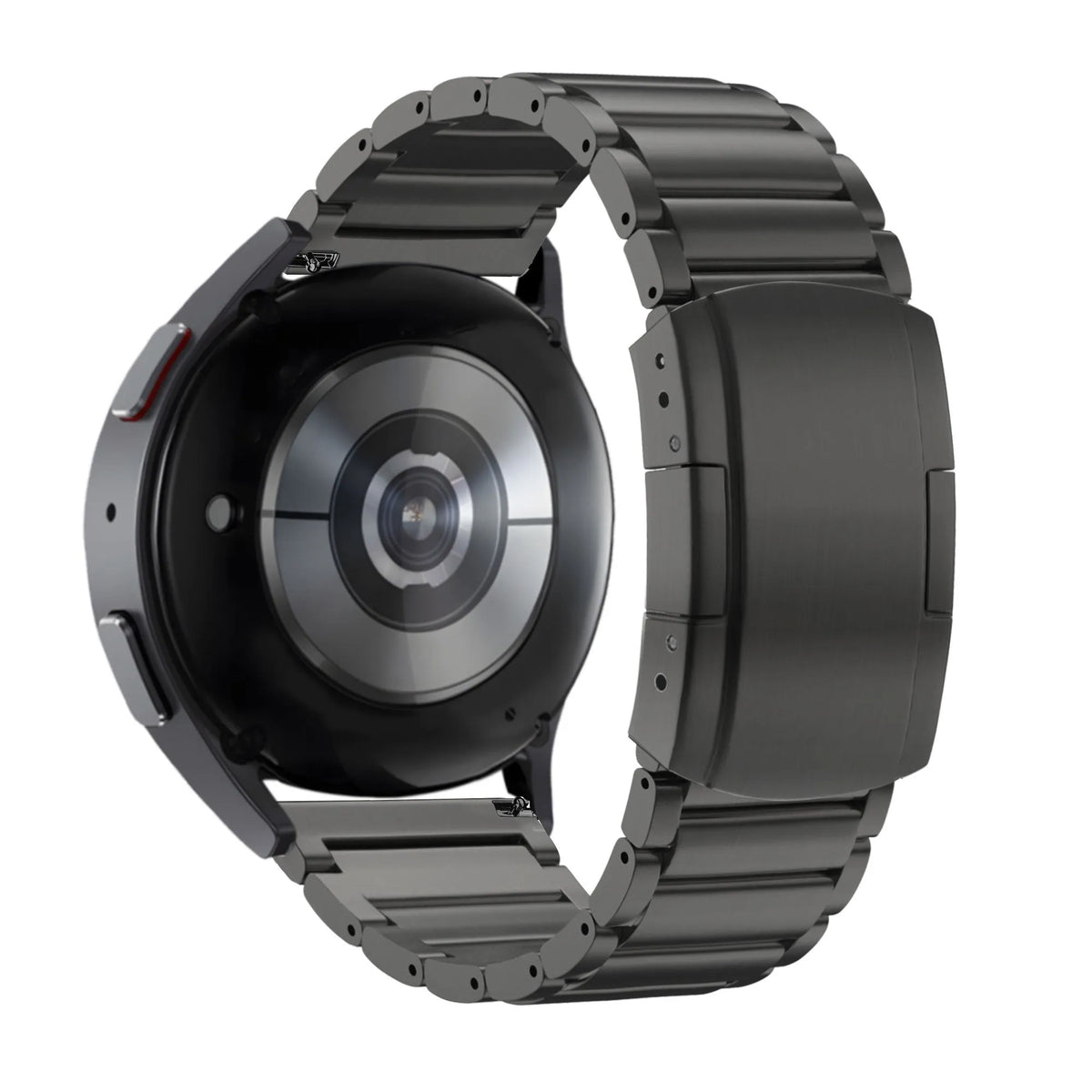 Titanium Link Strap, black, on a watch, 3/4 rear view