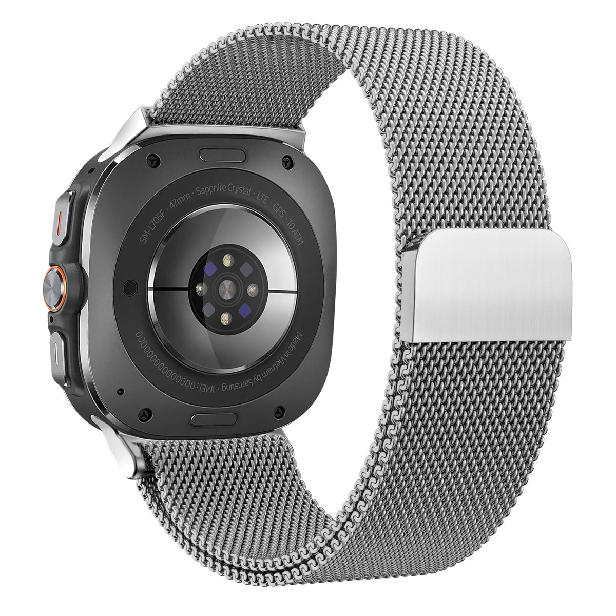 Milanese Loop Strap, silver, on a watch, 3/4 rear view