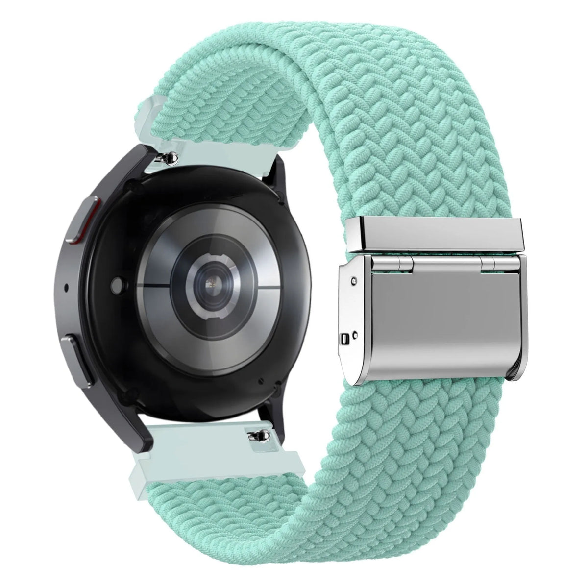 Woven Nylon Strap, turquoise, on a watch, 3/4 rear view