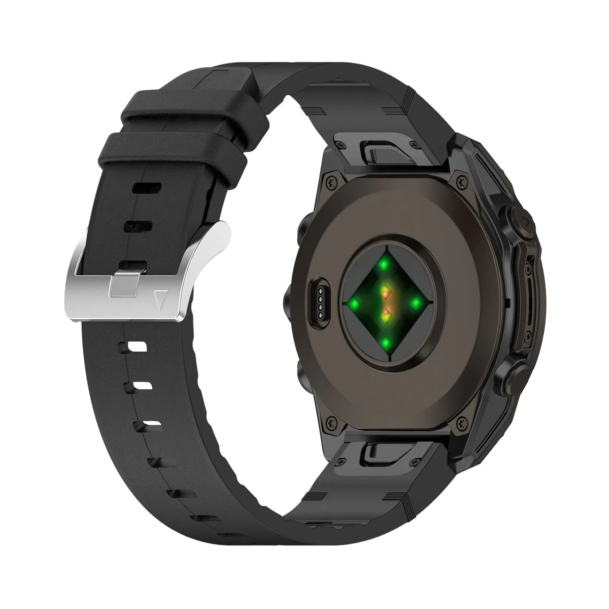Leather Hybrid Strap, black, on a watch, 3/4 rear view