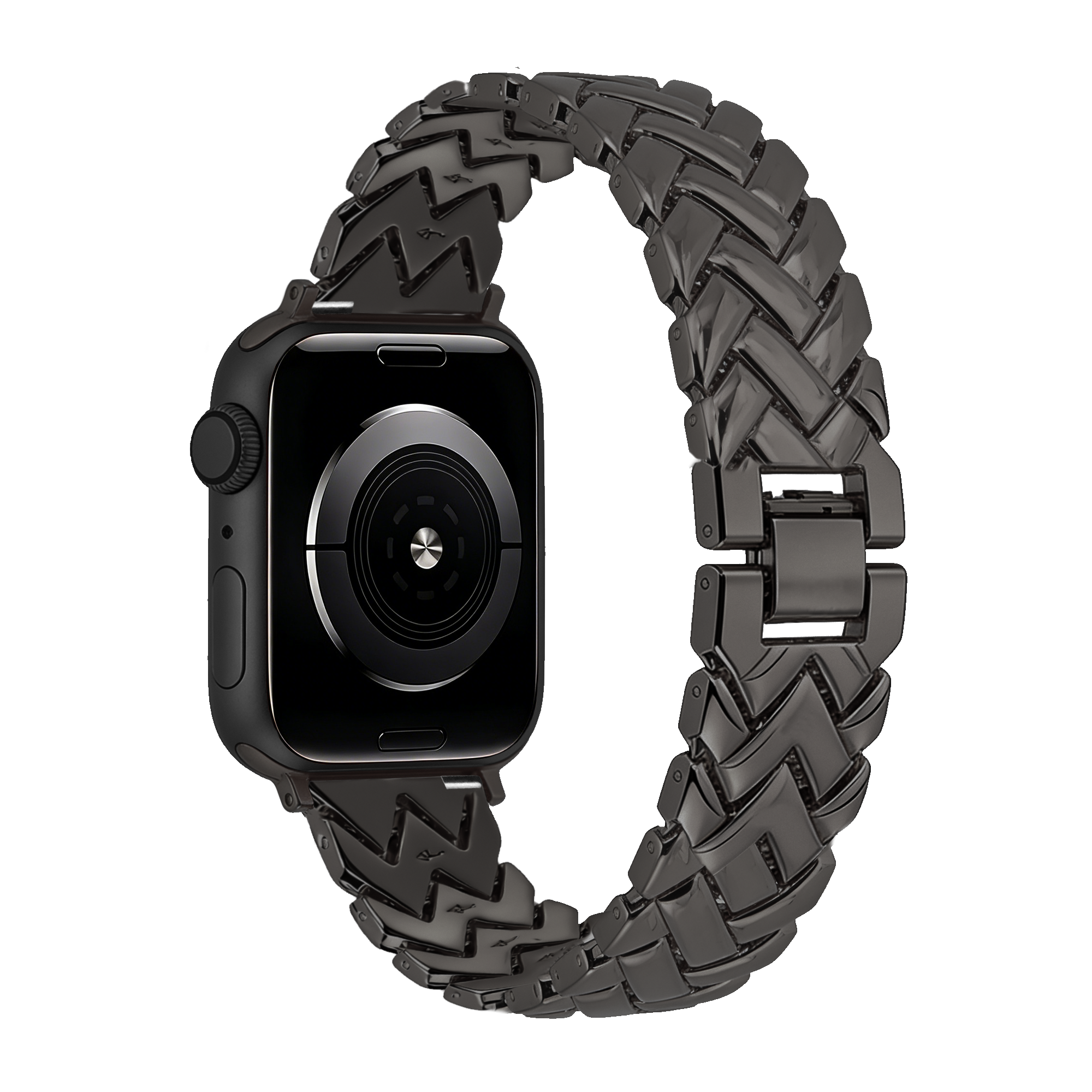 Metal Strap 'V-Type', black, on a watch, 3/4 rear view