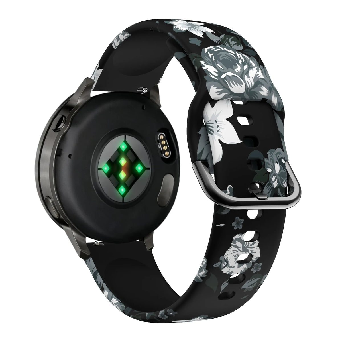 Silicone Strap, grey flower, on a watch, 3/4 rear view