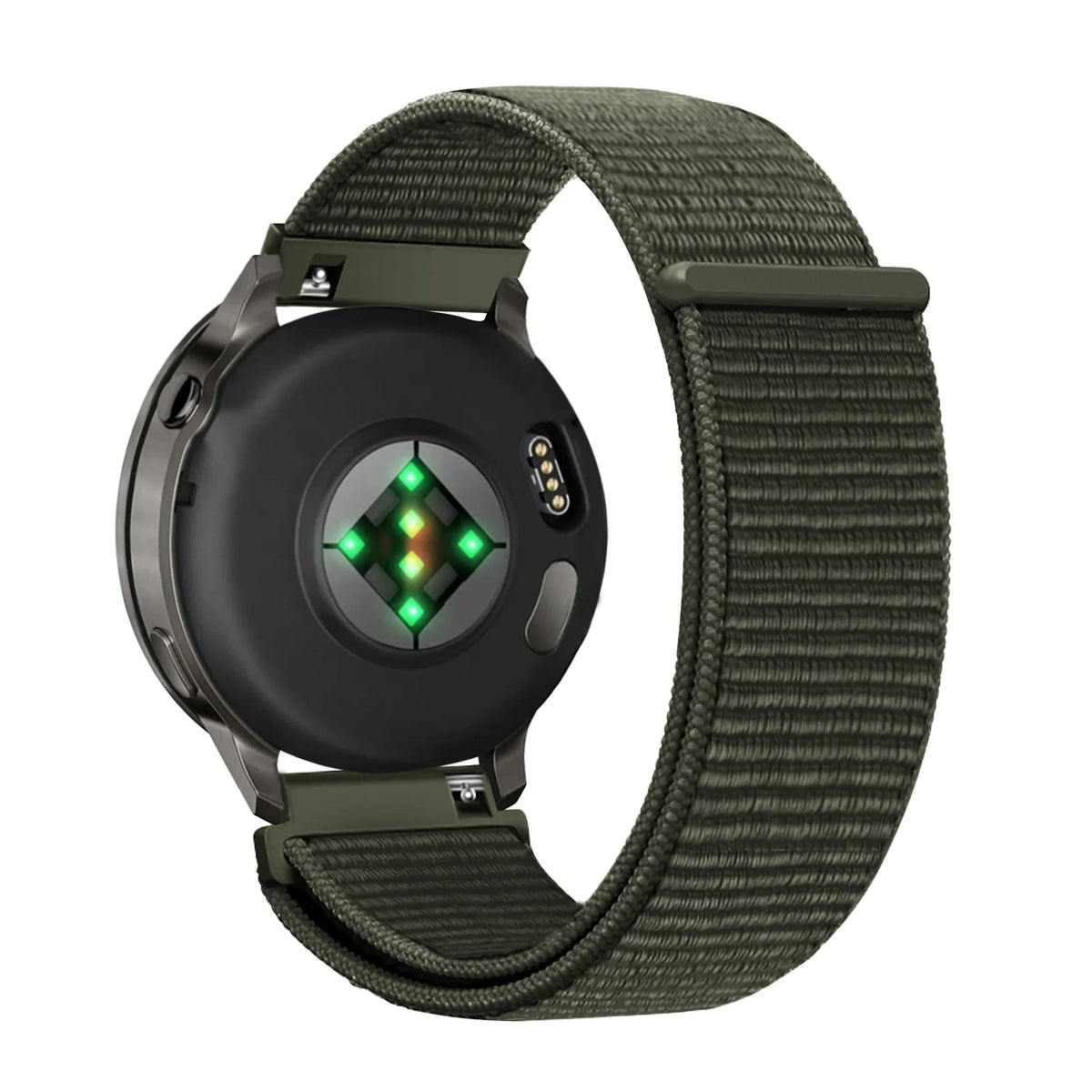 Nylon Loop Strap, dark green, on a watch, 3/4 rear view