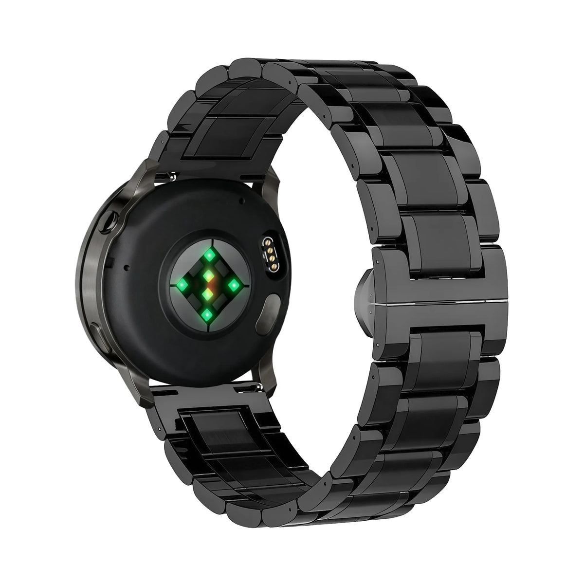 Steel Link Strap 'Deluxe', black, on a watch, 3/4 rear view