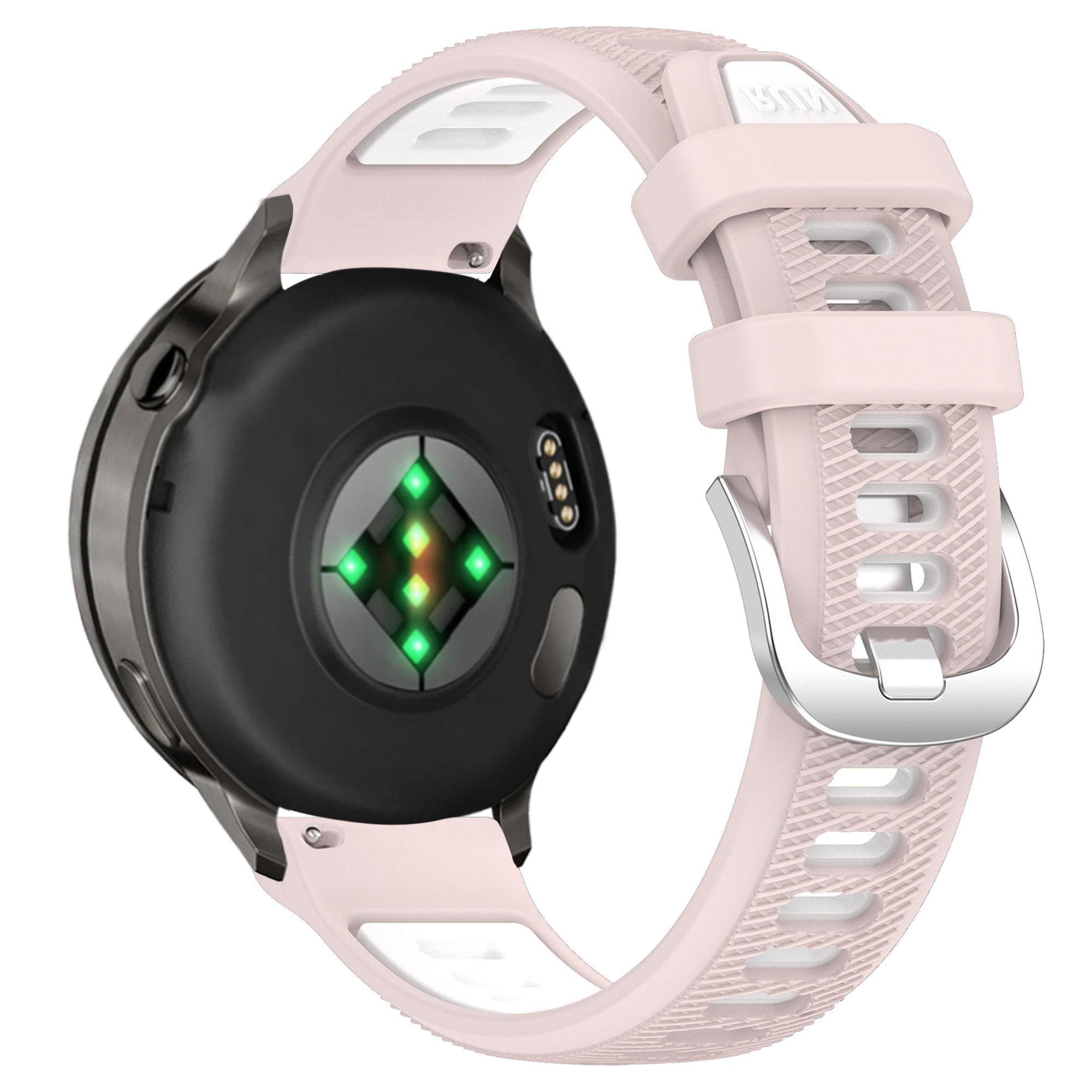 Silicone Buckled dual sport strap, pink/white, on a watch, 3/4 rear view