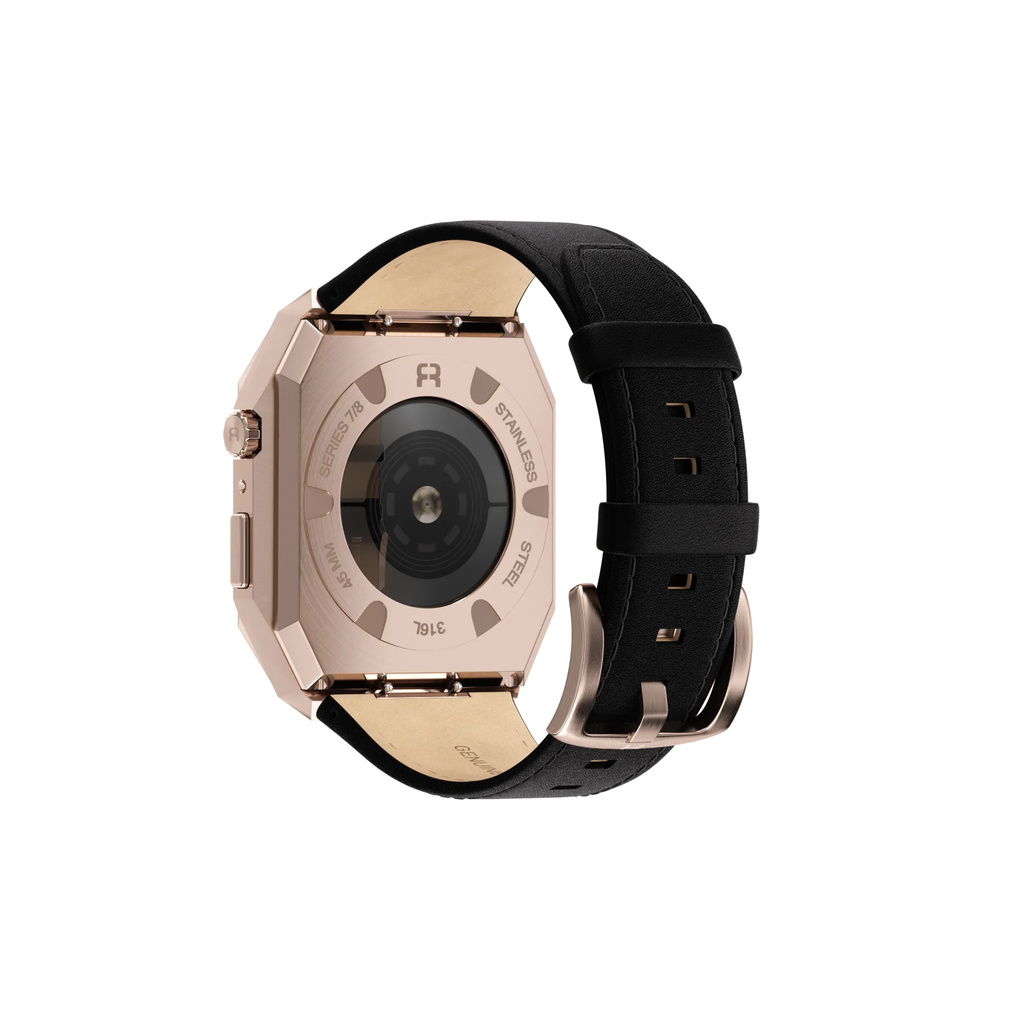 Reqior Apple Watch 45mm Metal Case with Leather Strap (Rose Gold/Black)