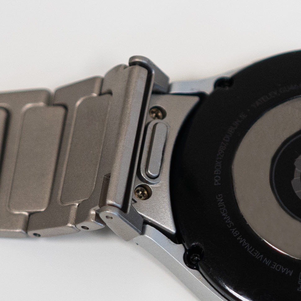 Titanium Strap 'One Push', on a watch, 3/4 rear view