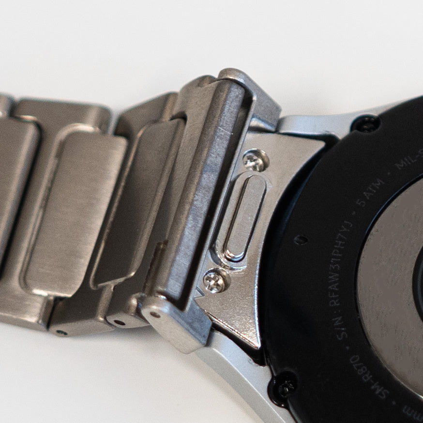 Titanium Strap 'One Push', silver, on a watch, 3/4 rear view