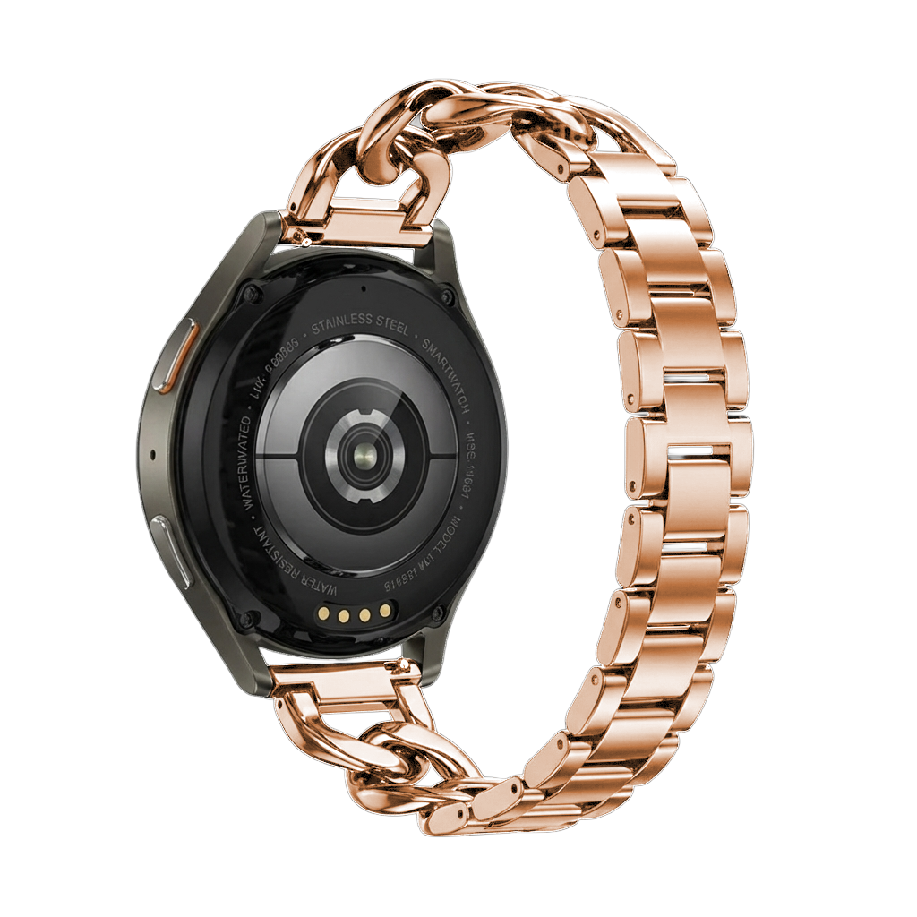 Steel Chain Strap, rose gold, on a watch, 3/4 rear view
