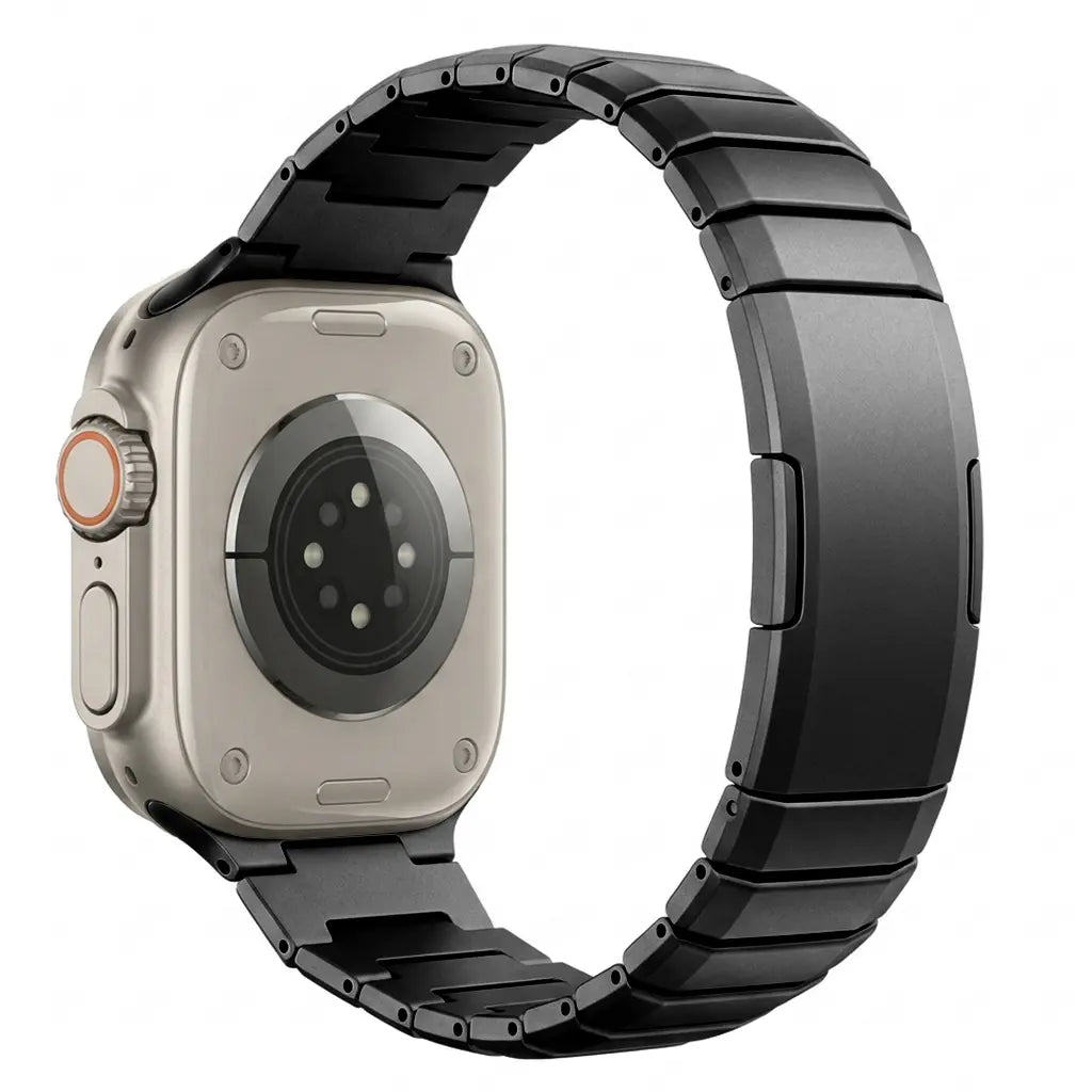 One Bead Titanium Strap, black, on a watch, 3/4 rear view