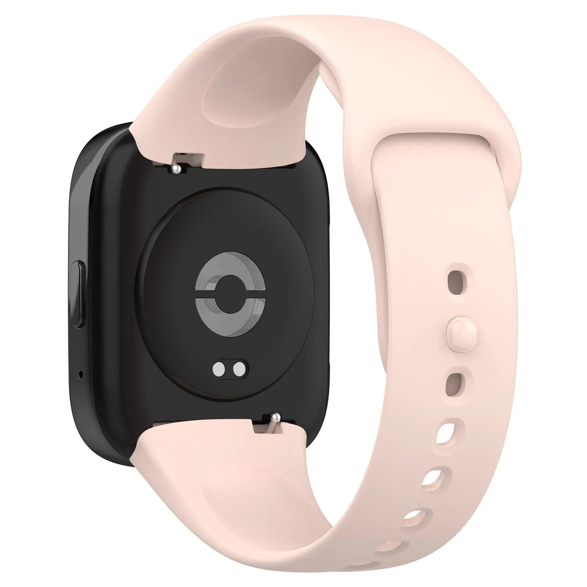 Silicone Strap, pink, on a watch, 3/4 rear view