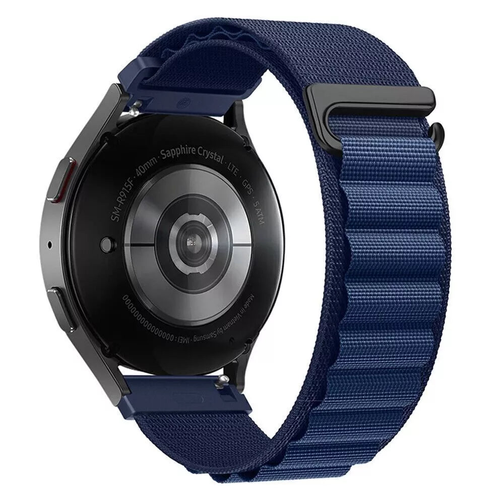 Alpine Nylon Strap, blue, on a watch, 3/4 rear view