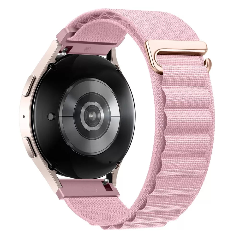 Alpine Nylon Strap, pink, on a watch, 3/4 rear view