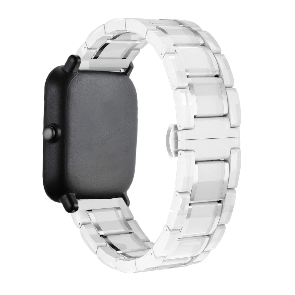 Metal Ceramic Link Strap, white/silver, on a watch, 3/4 rear view