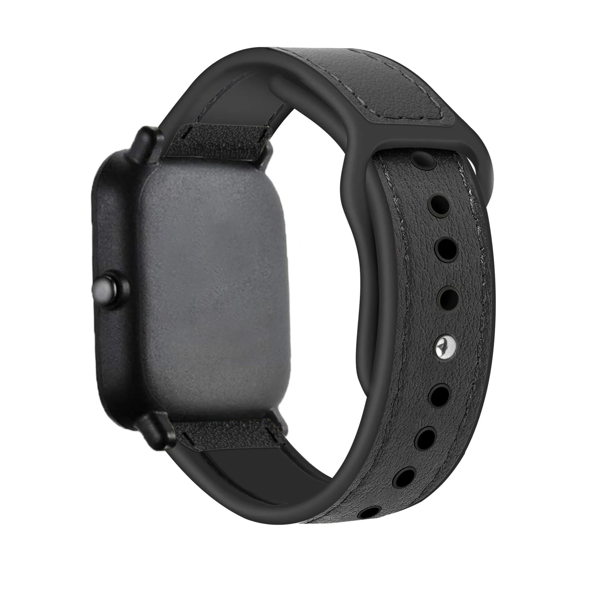 Leather Hybrid Strap, black, on a watch, 3/4 rear view