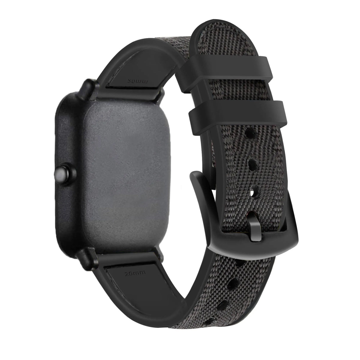 Nylon Hybrid Strap, black, on a watch, 3/4 rear view