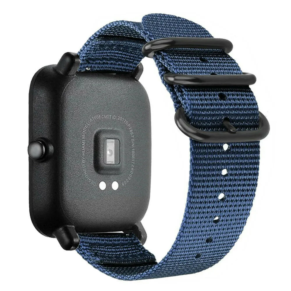 Nylon Buckle Strap, blue, on a watch, 3/4 rear view