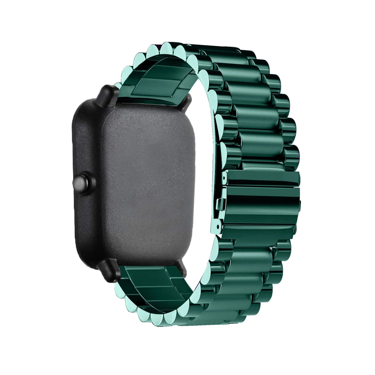 Steel Strap, green, on a watch, 3/4 rear view