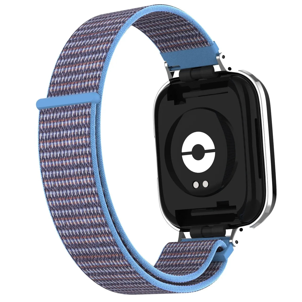 Nylon Strap, azure blue, on a watch, 3/4 rear view