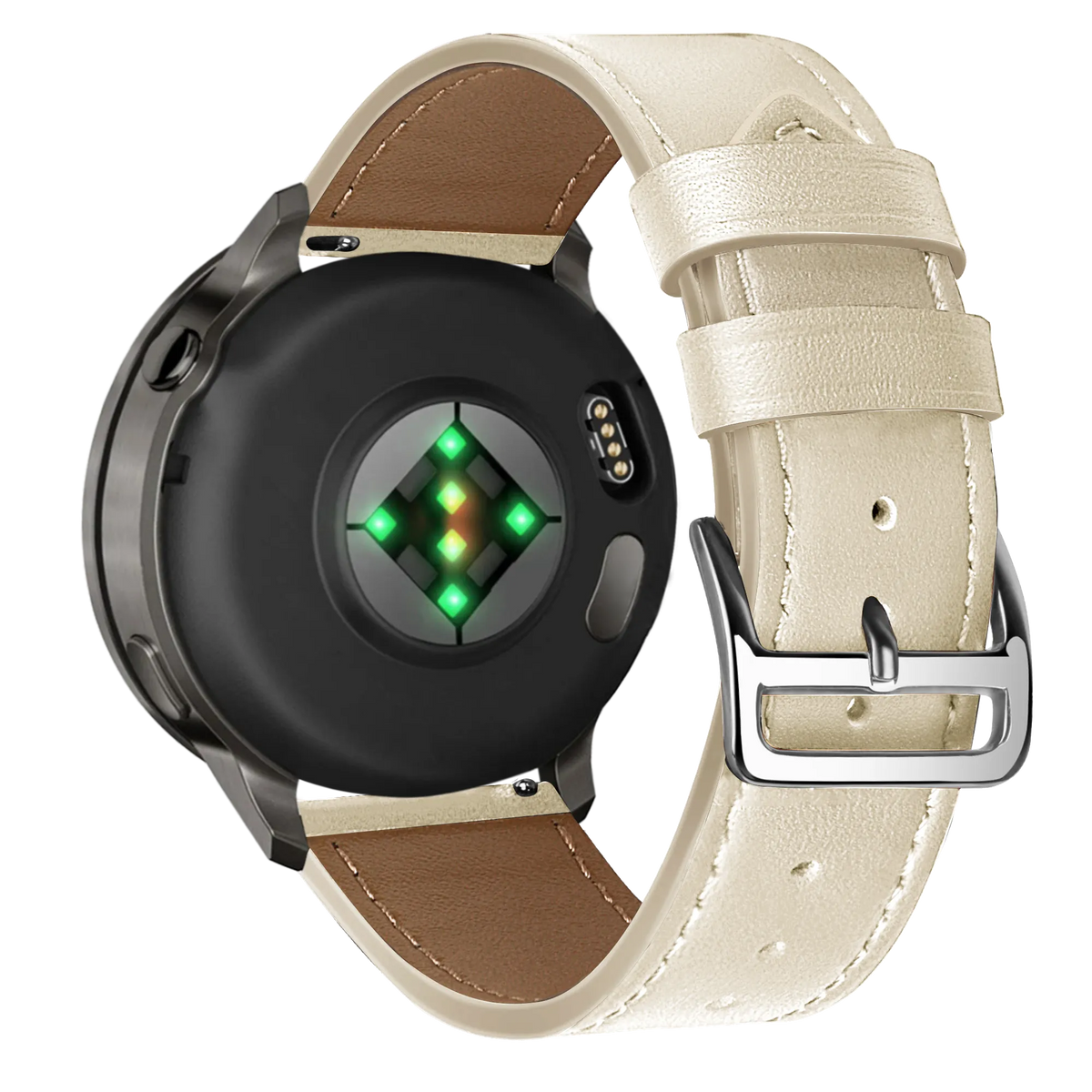 Leather Strap 'Deluxe', beige, on a watch, 3/4 rear view